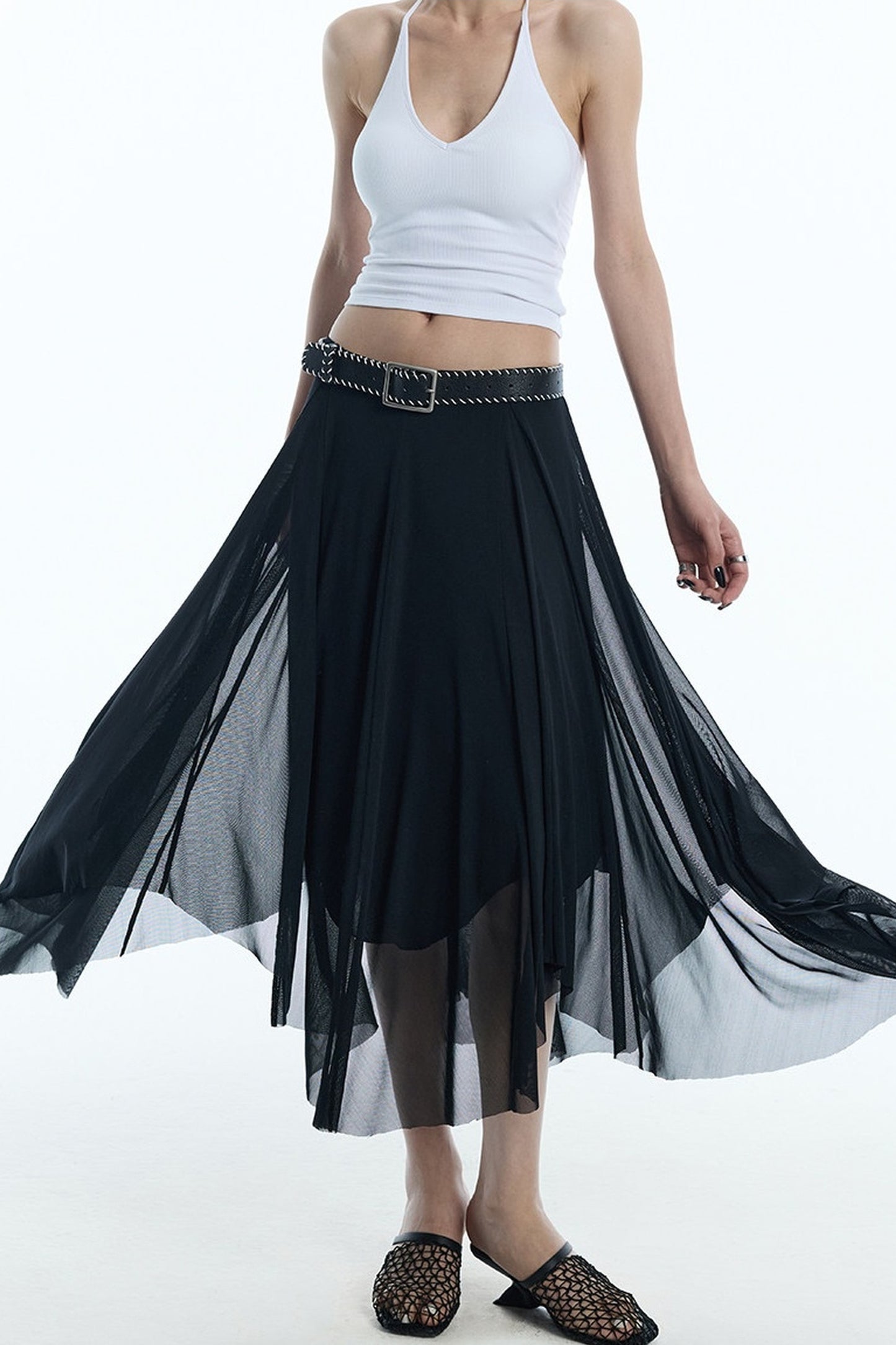 Asymmetrical Hem Mesh Skirt
