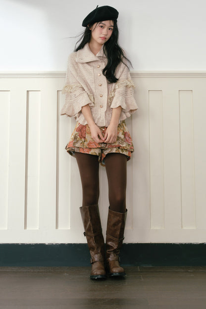 Oatmeal Ruffled Knit Cape Sweater