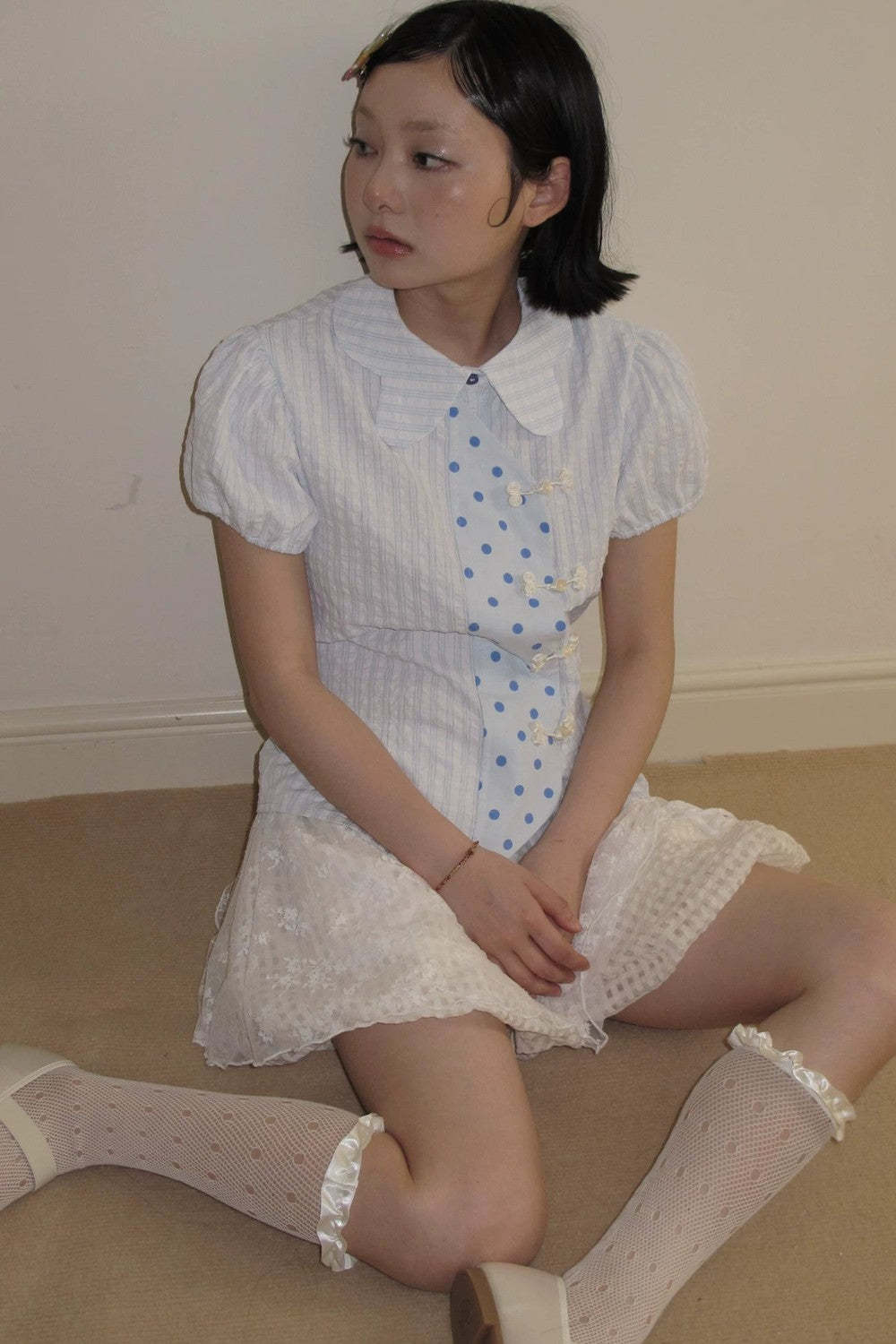 Blue Plaid Polka Dot Puff Sleeve Blouse