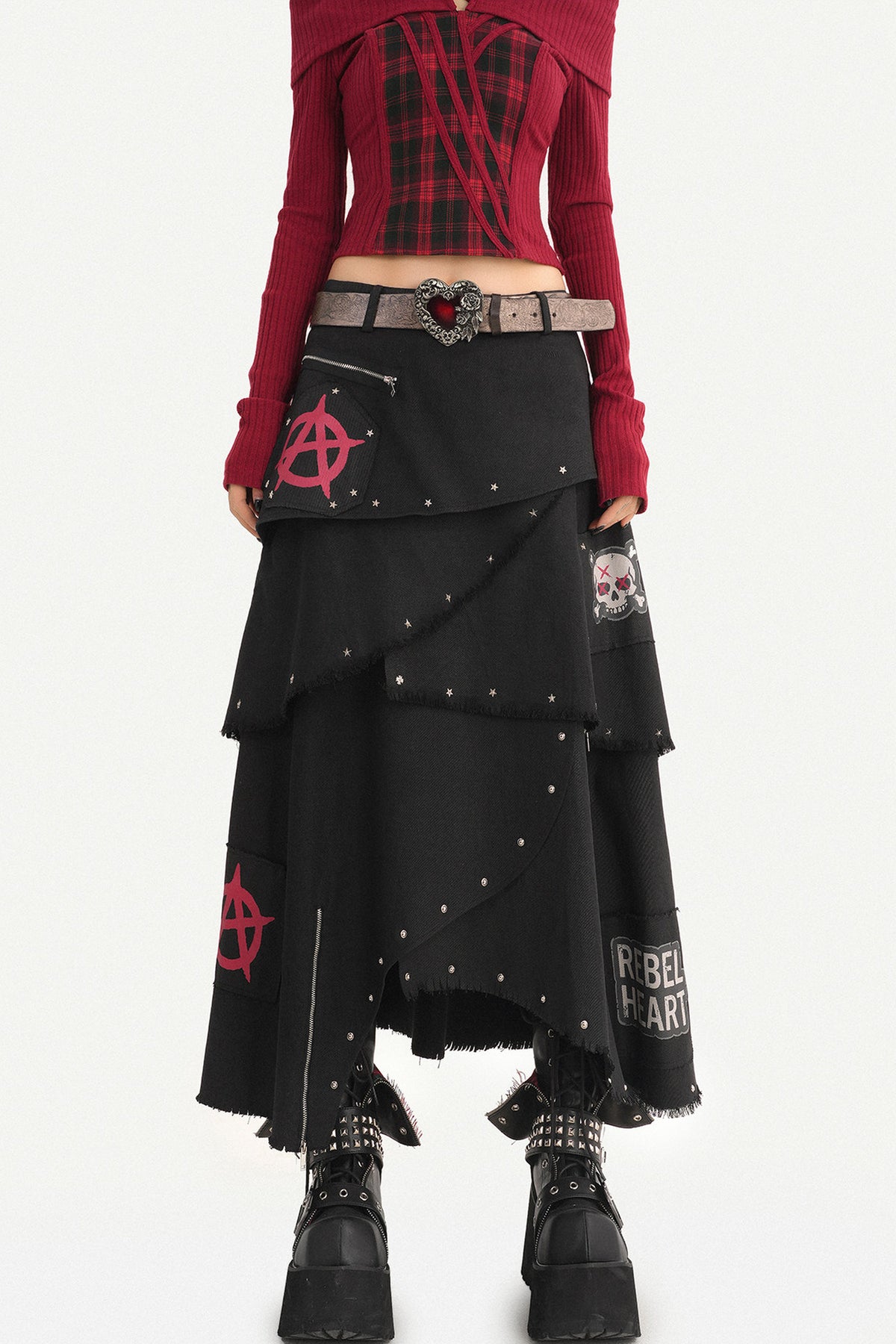 Black Punk Rivet Asymmetrical Skirt