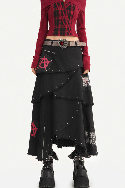 Black Punk Rivet Asymmetrical Skirt