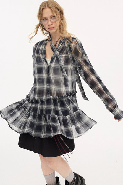 Drop Shoulder Plaid Blouse