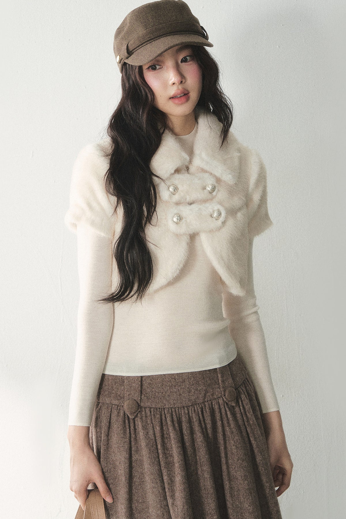 Short-Sleeved Double-Breasted Faux Fur Jacket