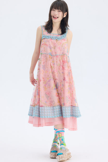 Robe en résille à bretelle asymétrique avec imprimé lapin rose