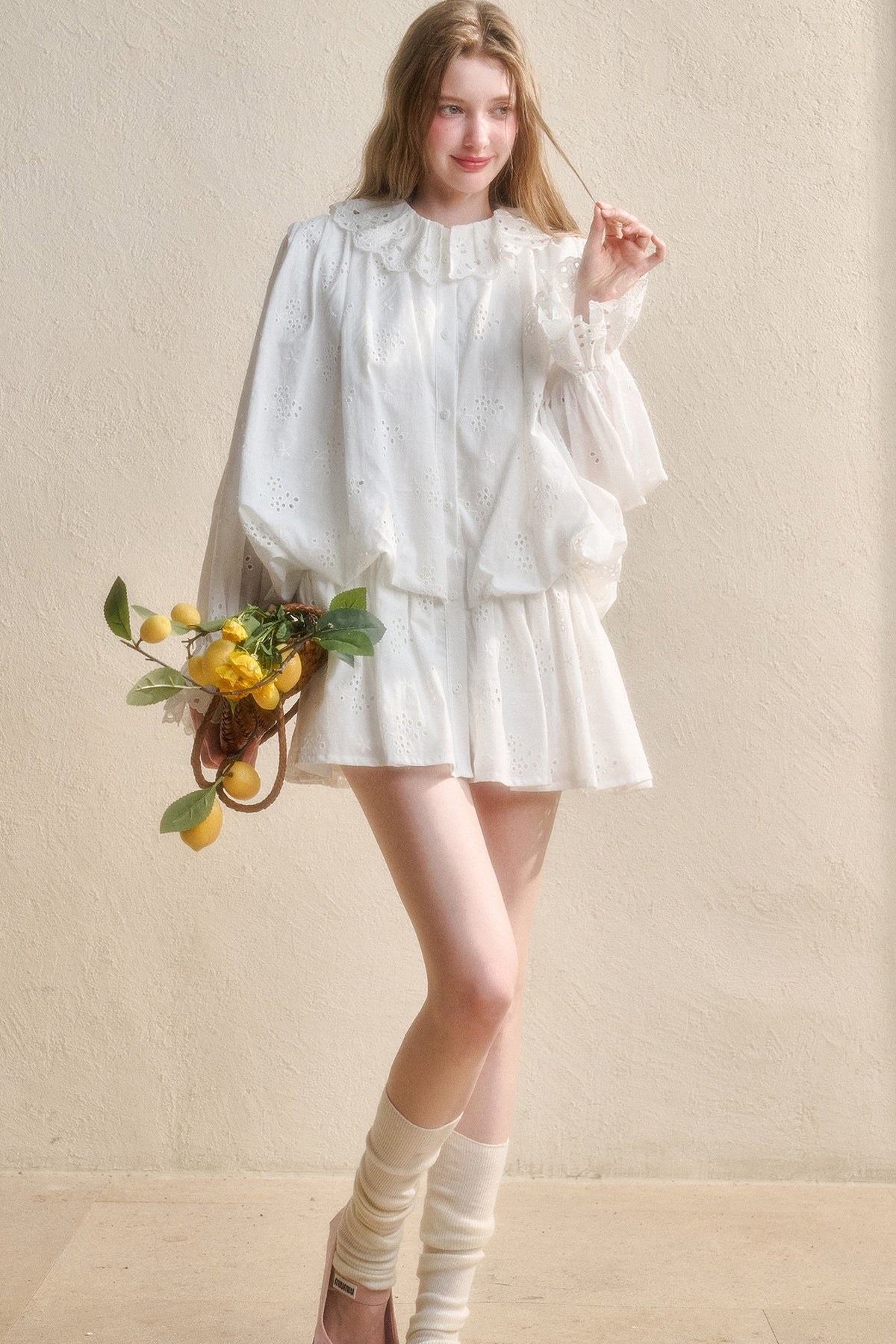 Long-Sleeved Cotton Embroidered Shirt Dress