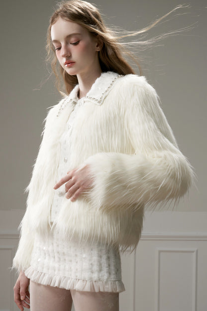 Snow Mountain Silver-White Long-Haired Fur Coat and Skirt Set-Up