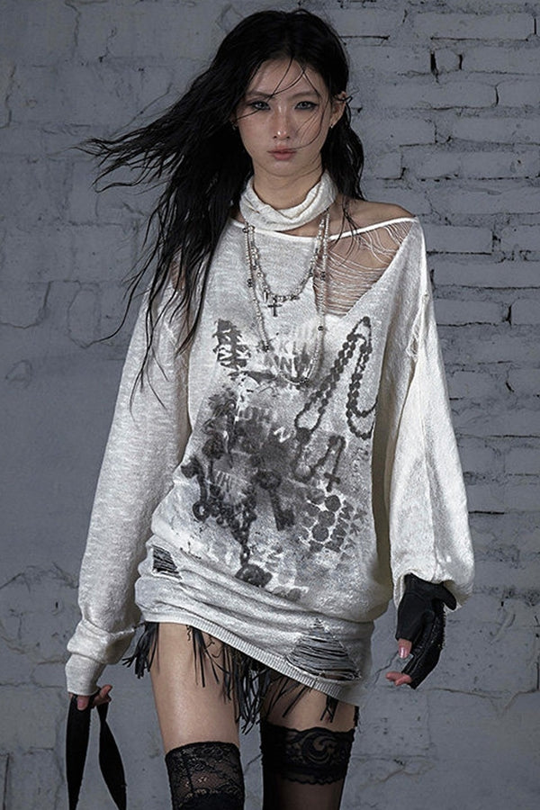 Ripped Off-Shoulder Punk Print Knit Top
