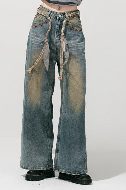 Loose Wide Leg Woven Belt Jeans