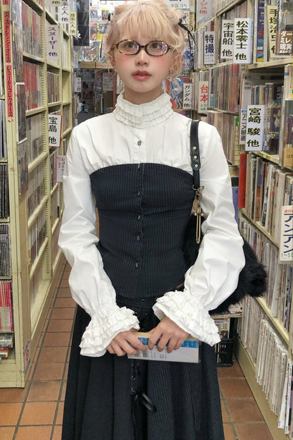 Ruffle Collar Shirt and Irregular Patchwork Skirt Set