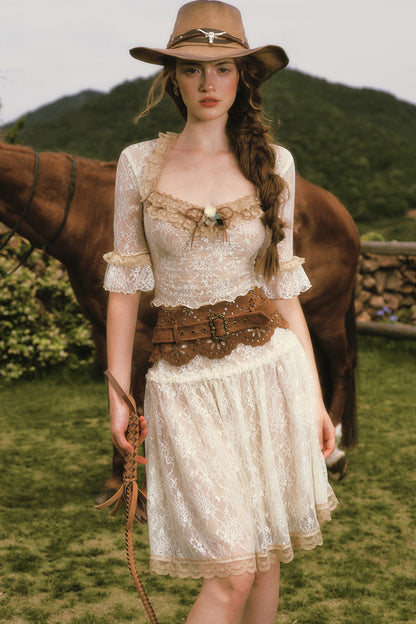 French Retro Lace Skirt and Top Set-Up