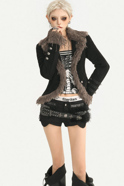 Retro Punk Black Fur Collar Jacket