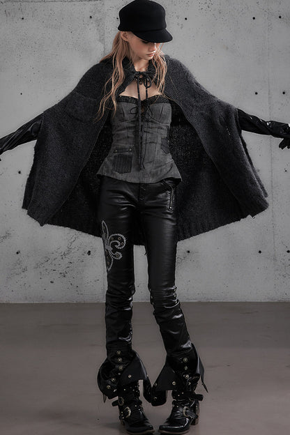 Punk Rock Embroidered Waxed Leather Pants