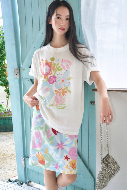 Hand-Painted Floral Bird Embroidered T-Shirt