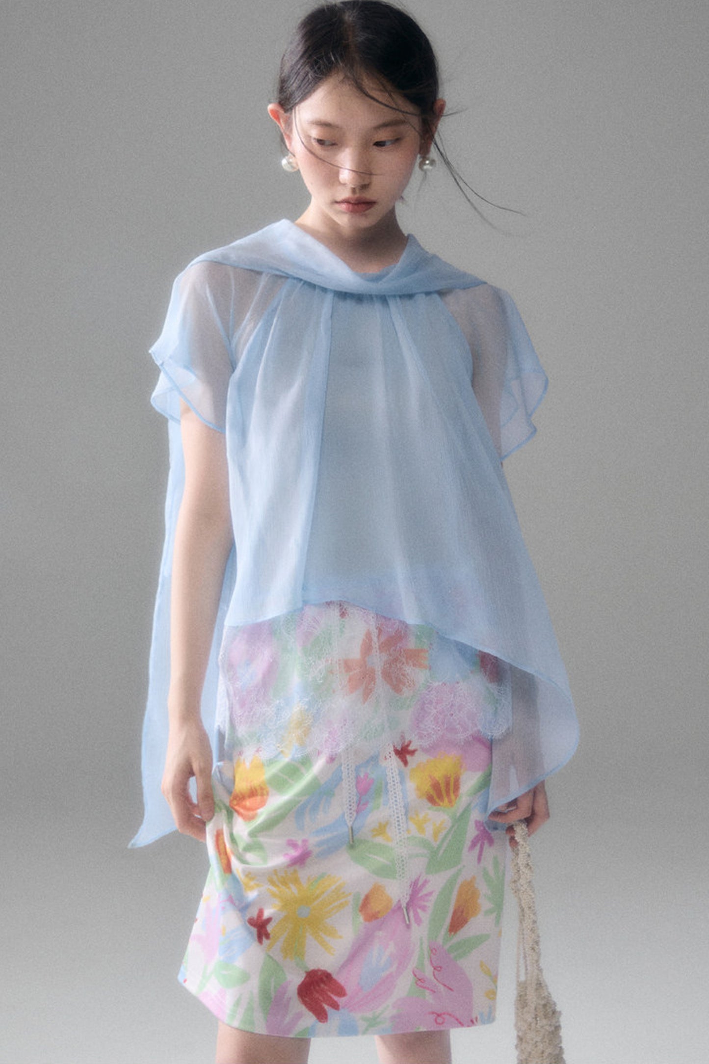 Sheer Blue Lace Ribbon Short Sleeve Top