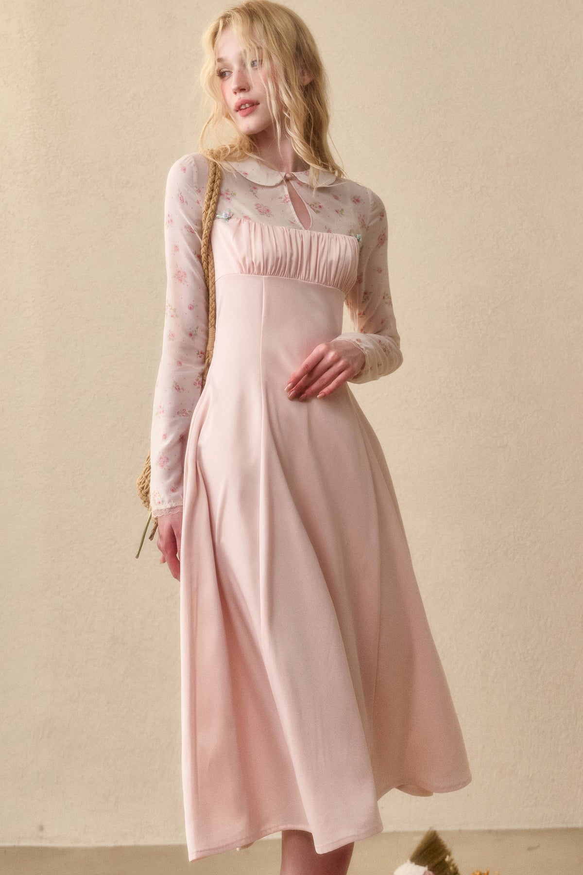 Peach Floral Satin Tencel Dress Set-Up