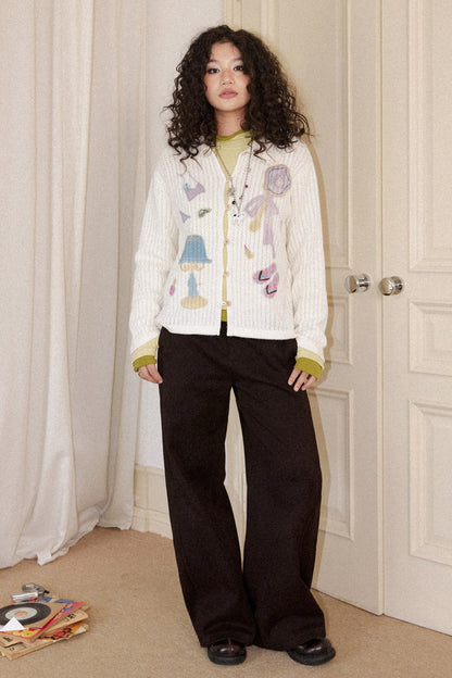 Perforated Long-Sleeved Vertical Stripe Printed Knit Set-Up