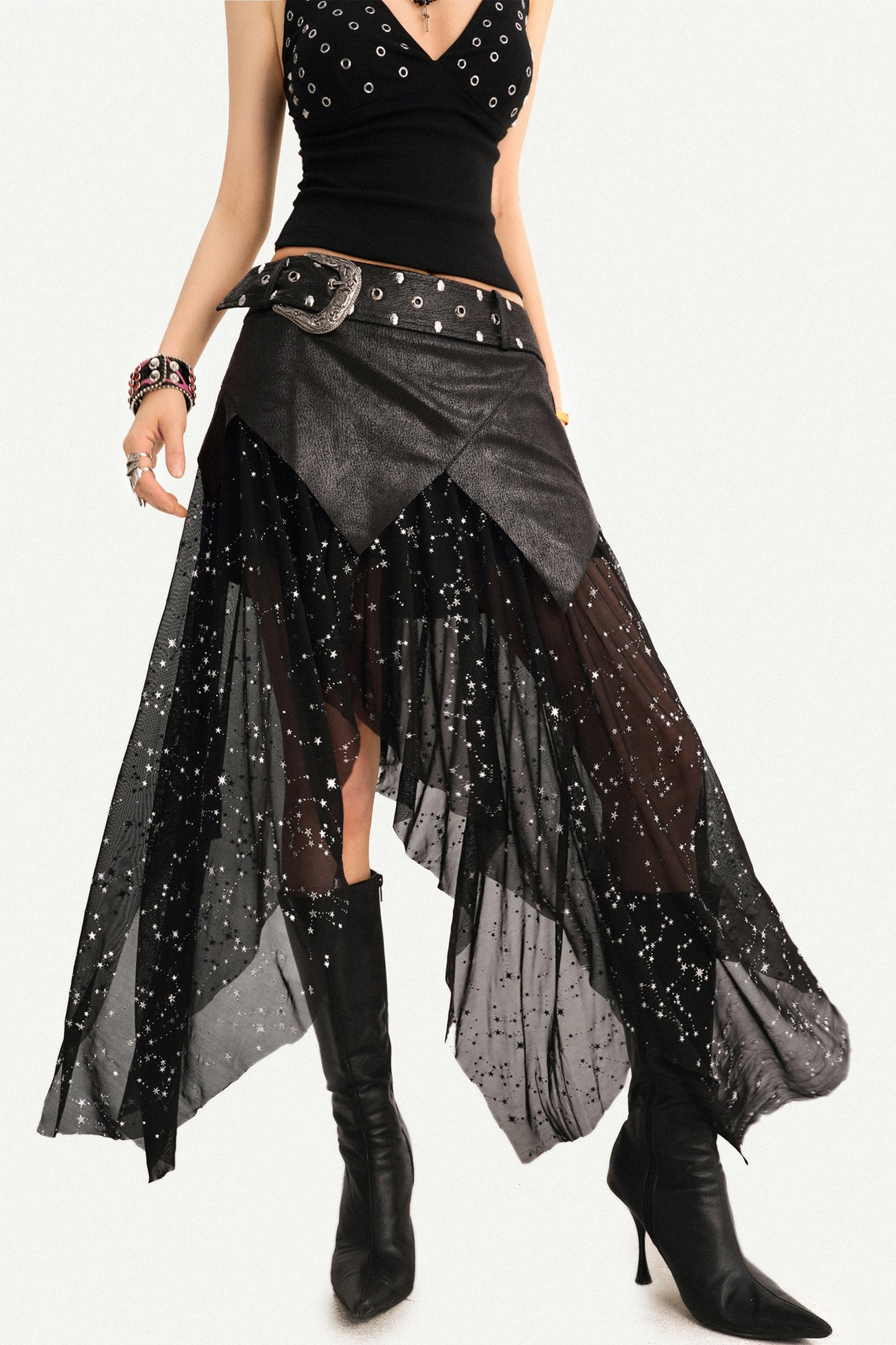 Gothic Mesh Asymmetrical Maxi Skirt Set-Up