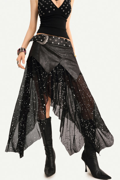 Gothic Mesh Asymmetrical Maxi Skirt Set-Up