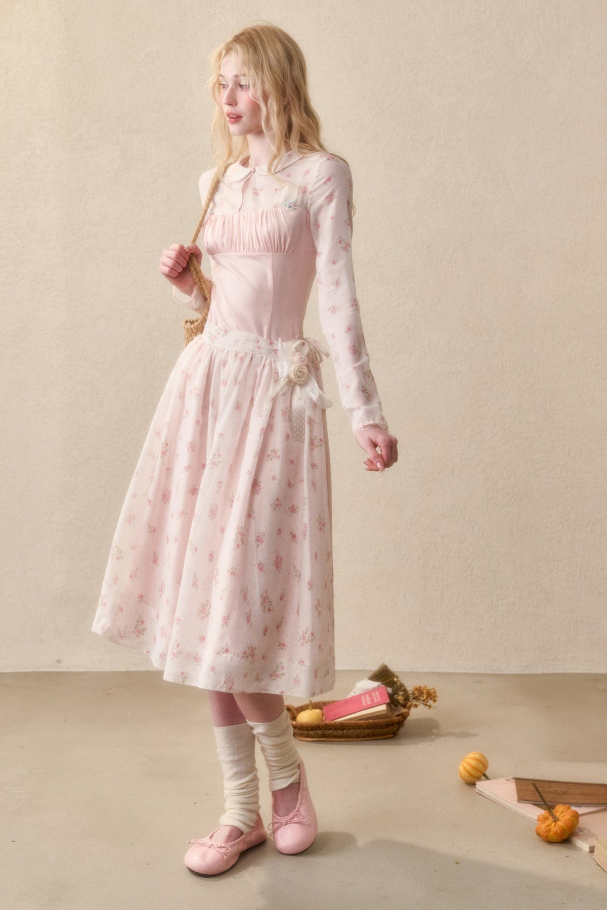 Peach Floral Satin Tencel Dress Set-Up
