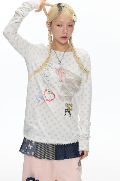 Polka Dot Lace Patchwork Long Sleeve T-Shirt