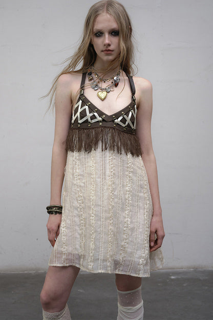 Fringe Leather Strap Camisole Dress