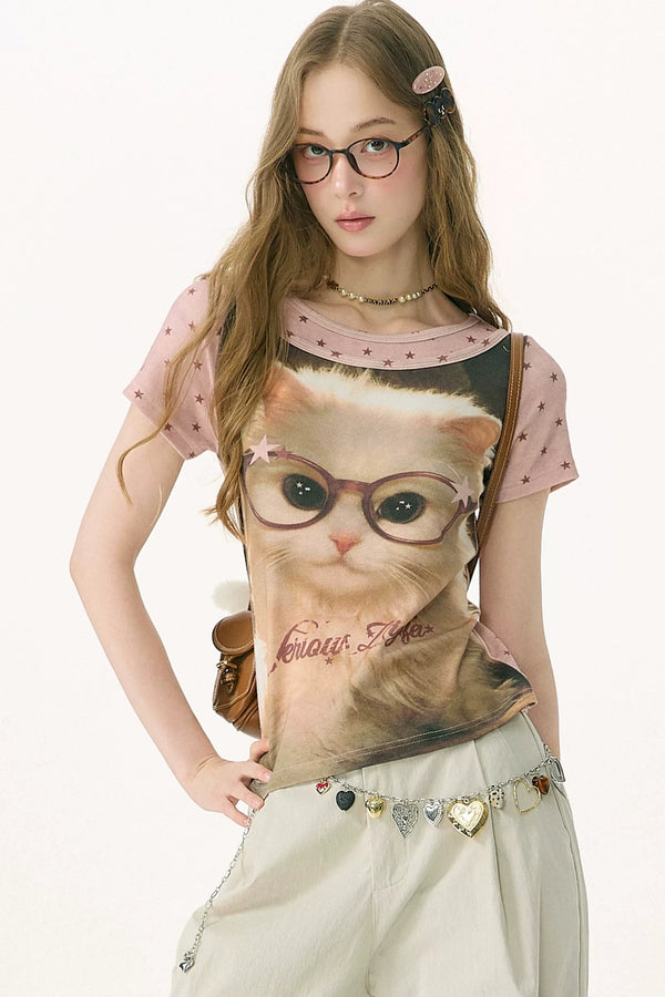 Retro Distressed Cat Print Top