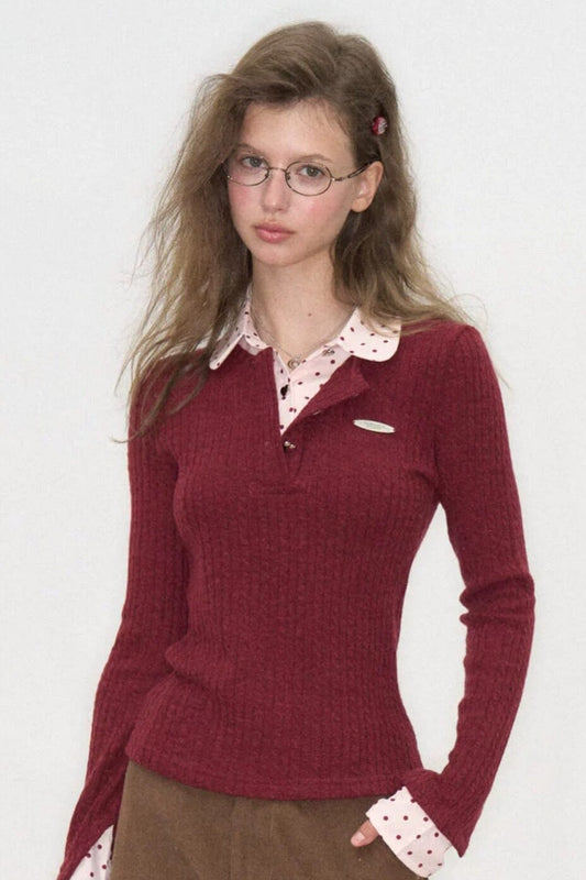 Wine Red Colorful Dots Layered-Look Knit Sweater