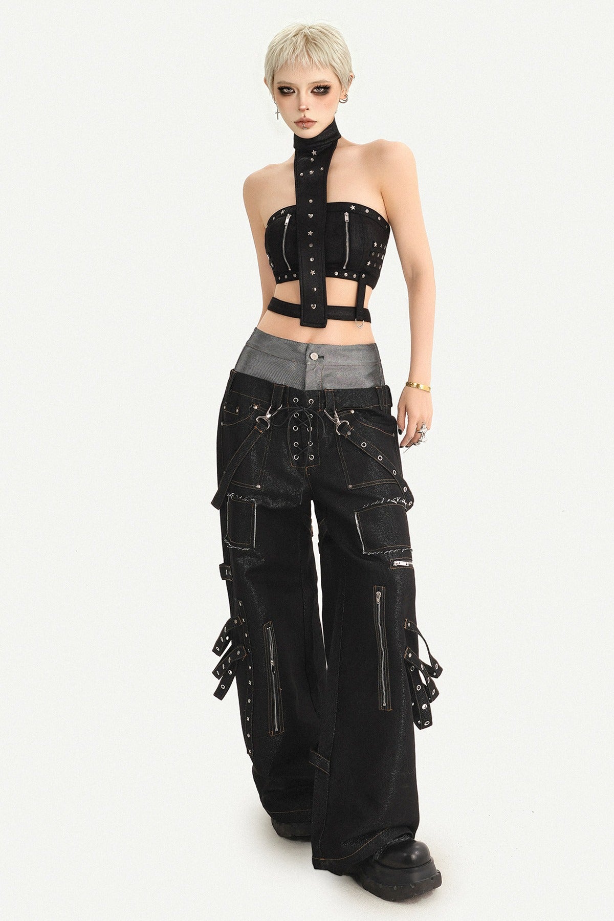 Punk Layered-Look Workwear Jeans
