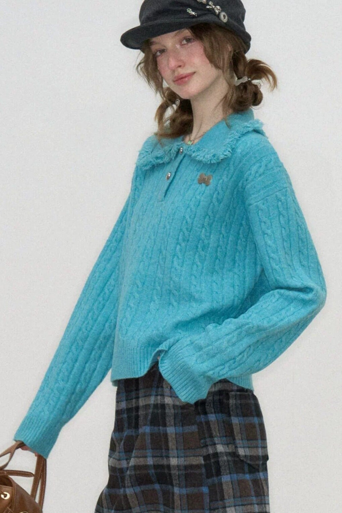 Blue Green Velvet Floral Twist Texture Tassel Sweater