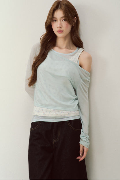Cooling Layered-Look Long-Sleeve Blouse Set