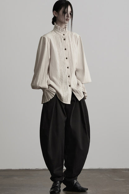 Pleated Cotton Linen Stand-Up Collar Shirt