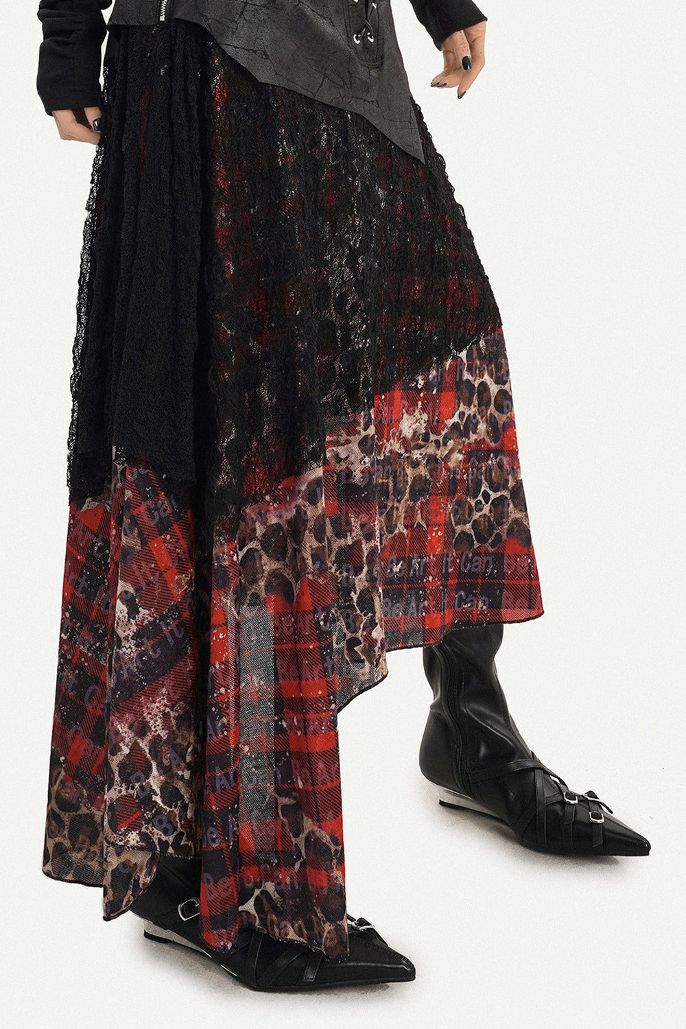 Dark Red Plaid Mesh Skirt and Top Set