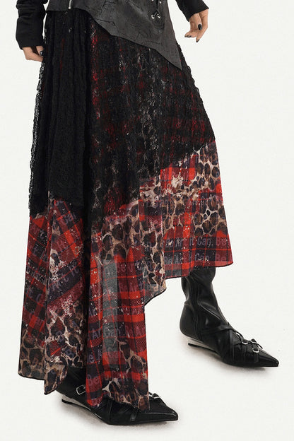 Dark Red Plaid Mesh Skirt and Top Set