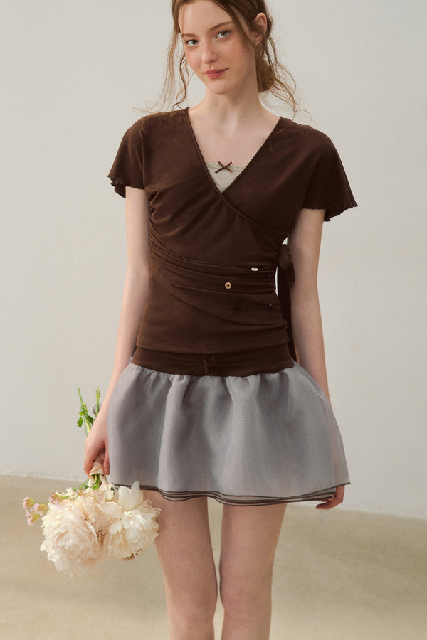 Brown Ruffle Sleeve Top and Gray Gauze Skirt Set
