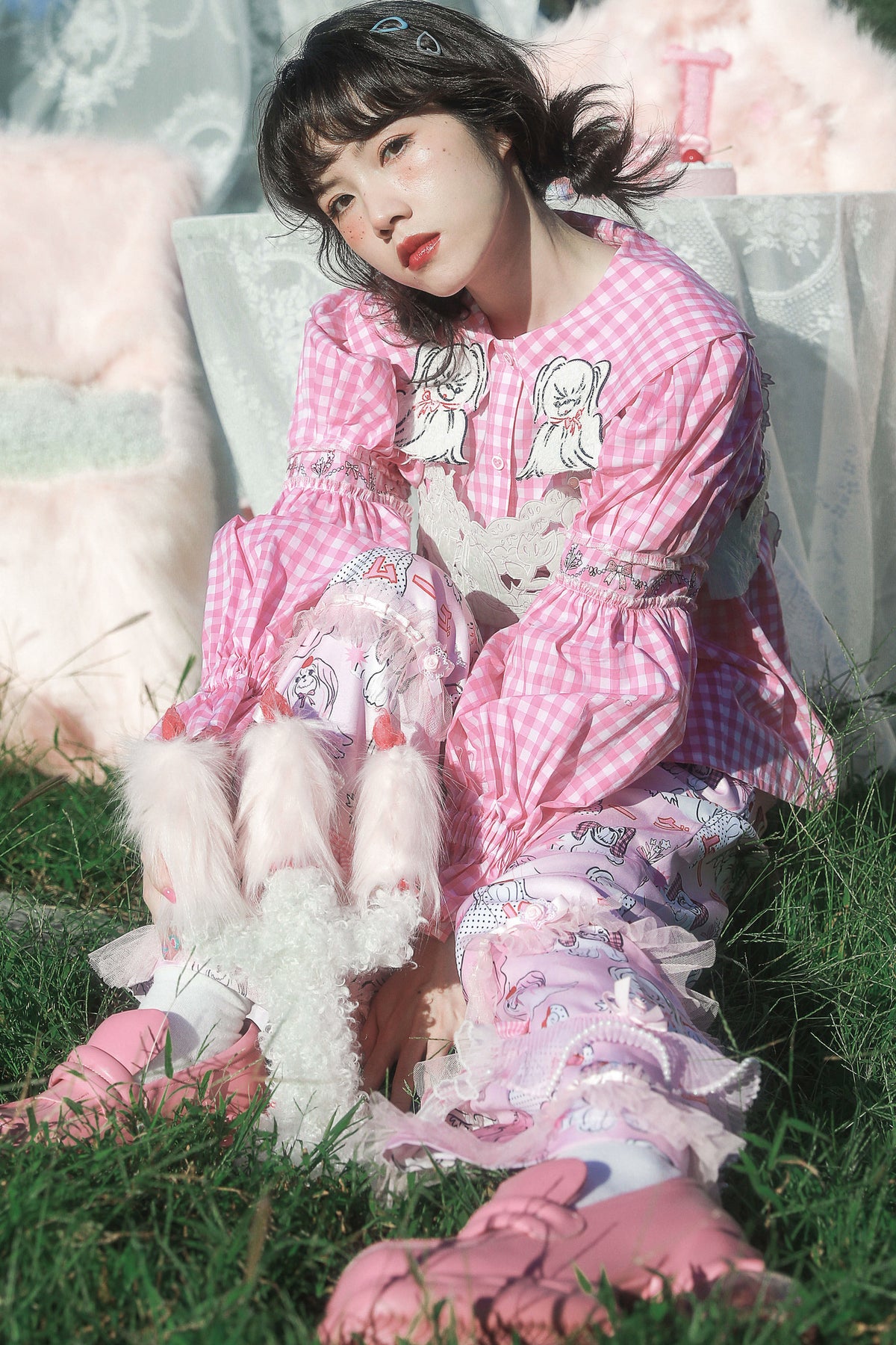 Dog Embroidered Plaid Puff Sleeve Shirt