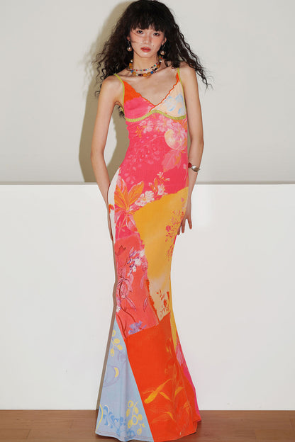 Chinese Print Lace Slip Dress