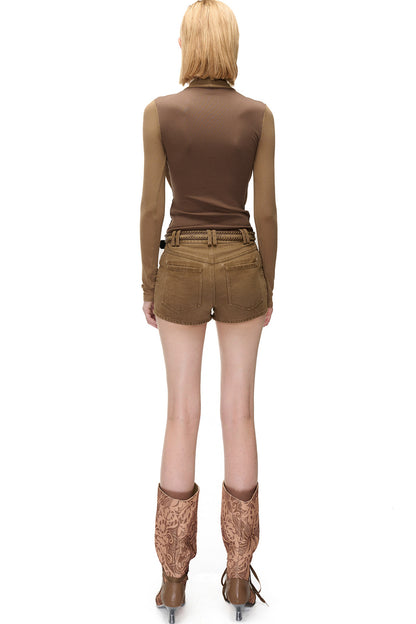 Layered-Look Swing Collar Off-Shoulder T-Shirt