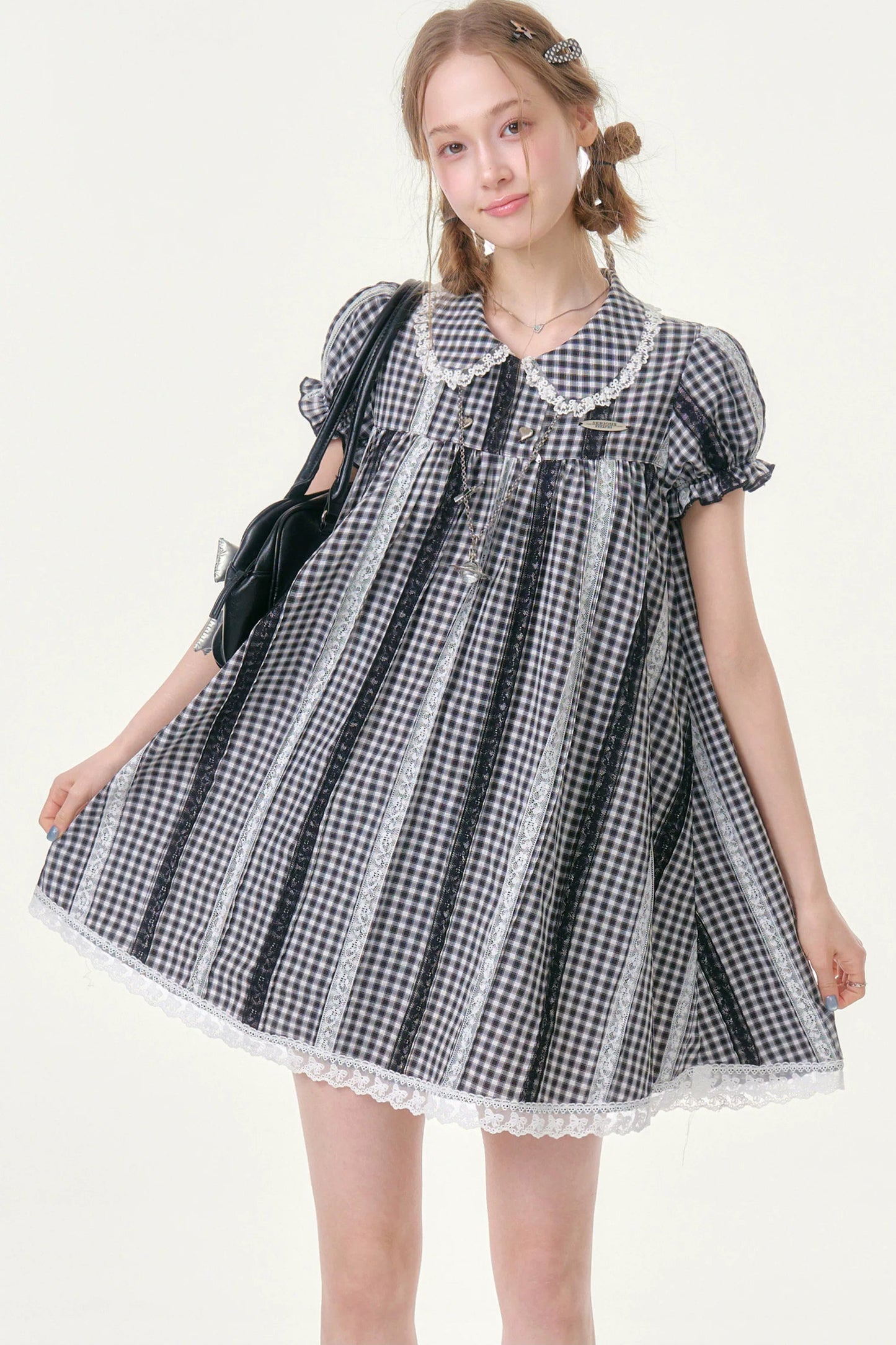 Retro Plaid Lace Puff Sleeve Dress