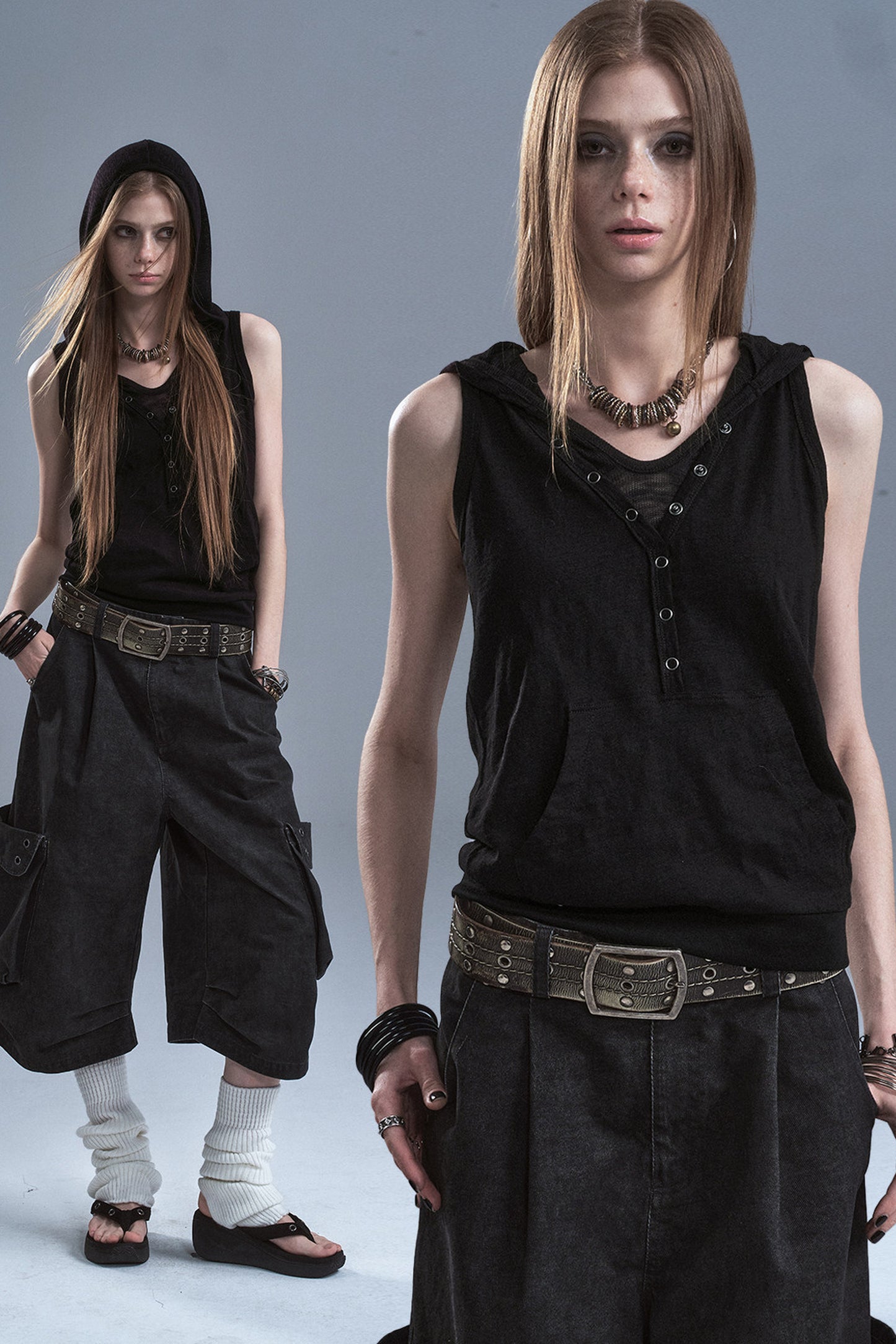 Hooded Patchwork Kangaroo Pocket Sleeveless Tank