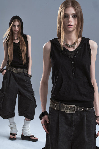 Hooded Patchwork Kangaroo Pocket Sleeveless Tank
