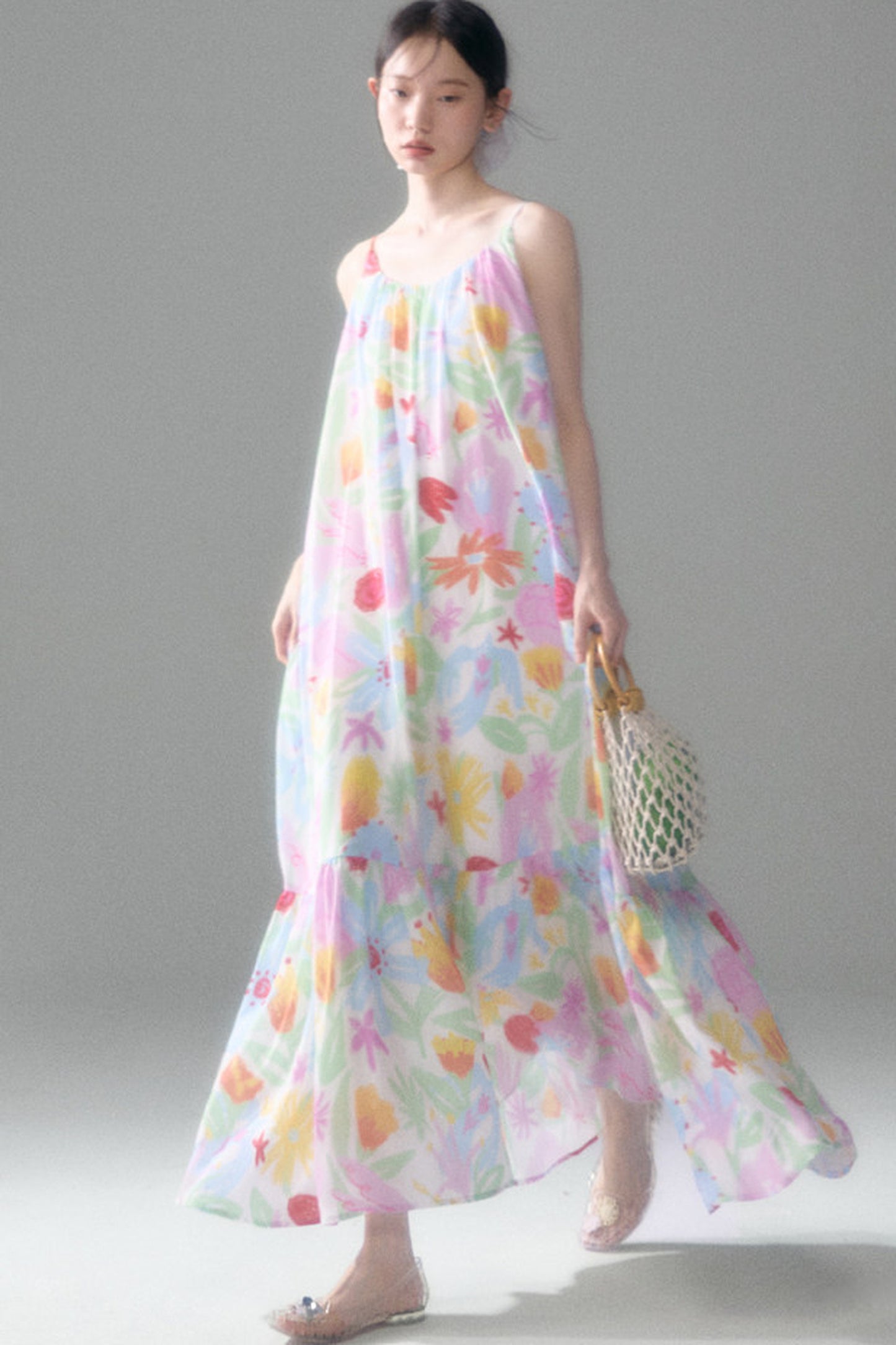 Hand-Painted Watercolor Flower Print Strap Dress