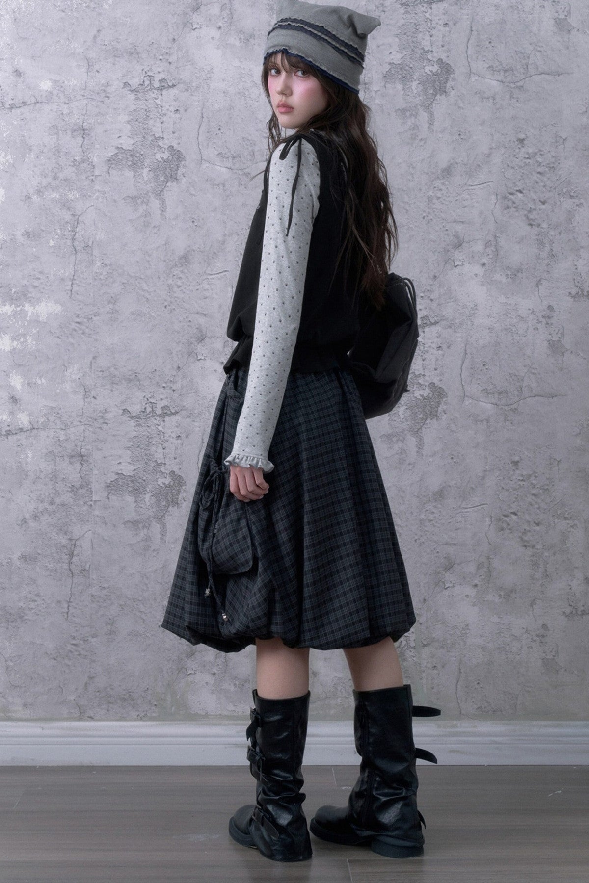 Black Gray Plaid Mid-Length Skirt Set-Up