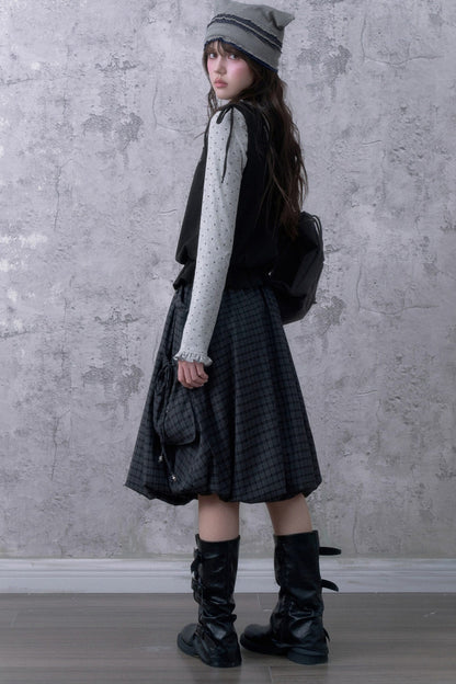 Black Gray Plaid Mid-Length Skirt Set-Up