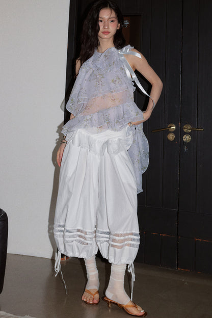 Sheer Floral Ruffle Top With White Balloon Pants