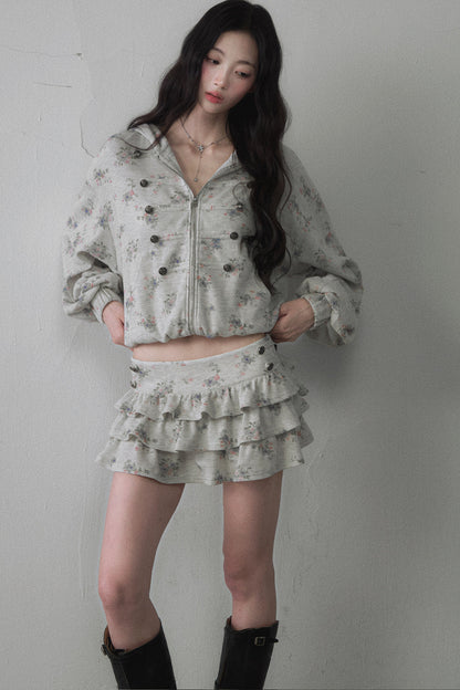 Floral Hooded Sweatshirt Camisole Ruffled Tiered Skirt Set-Up