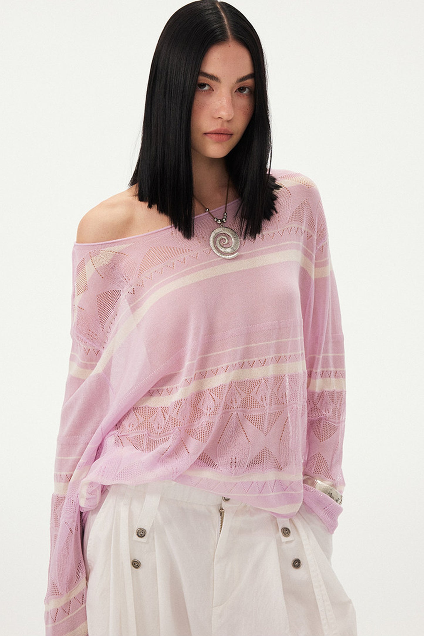 Pink Knit Hollow-Out Crochet-Style Pullover Top