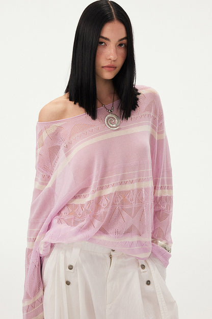 Pink Knit Hollow-Out Crochet-Style Pullover Top