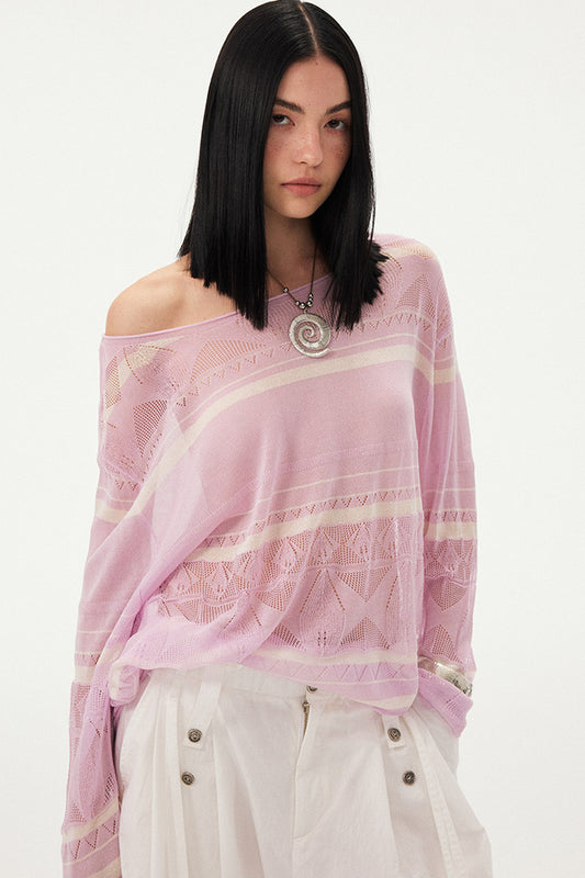 Pink Knit Hollow-Out Crochet-Style Pullover Top