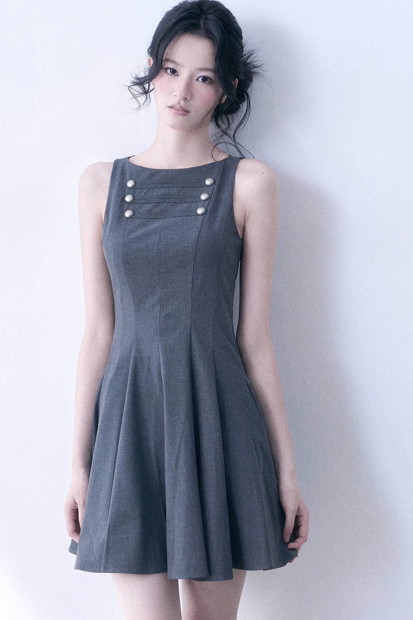 Decorative Button Sleeveless Flared Dress