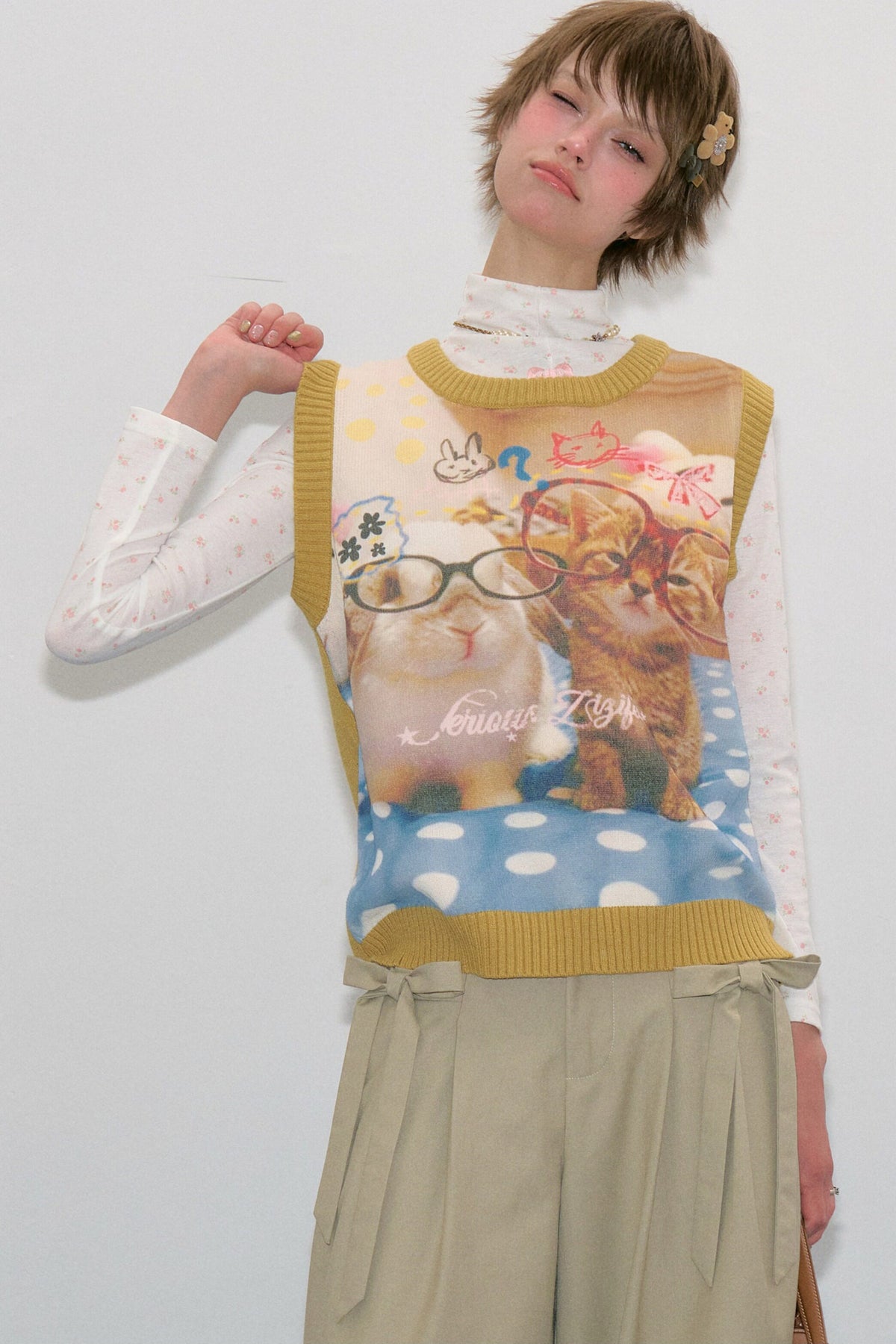 Cat Print Knit Vest